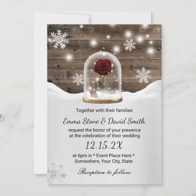 Winter Snowflakes Beauty Rose Dome Wedding Invitation (Front)