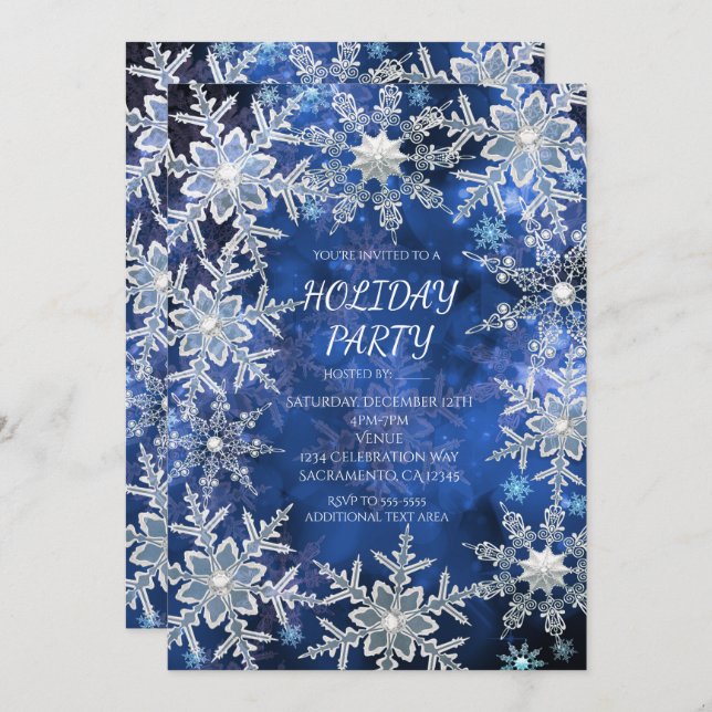 Winter Snowflakes Blue Holiday Party Invitations (Front/Back)
