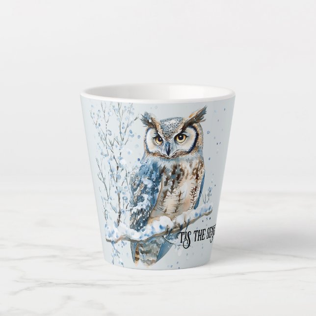 Winter Snowflakes Blue Owl Christmas Snow Latte Mug (Front)