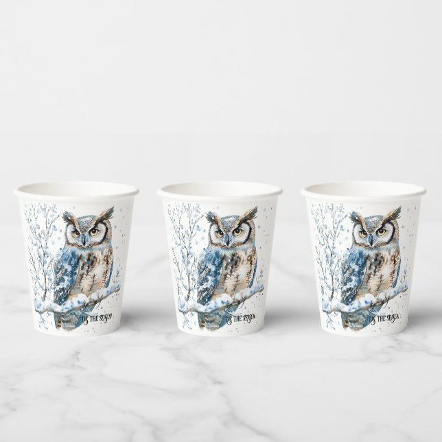 Winter Snowflakes Blue Owl Christmas Snow Paper Cups (Multi)