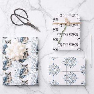 Winter Snowflakes Blue Owl Christmas Snow Wrapping Paper Sheet
