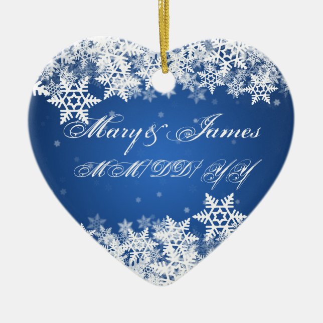 Winter Snowflakes Blue Wedding Favour Sapphire Ceramic Ornament (Front)