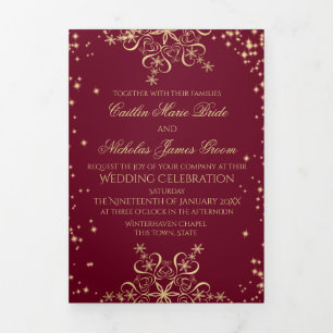 Winter Snowflakes Burgundy and Gold Sparkle Tri-Fold Card