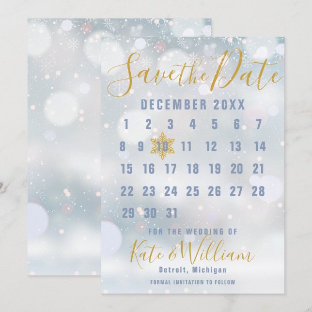 Winter Snowflakes Calendar Save the Date Invitation (Front/Back)