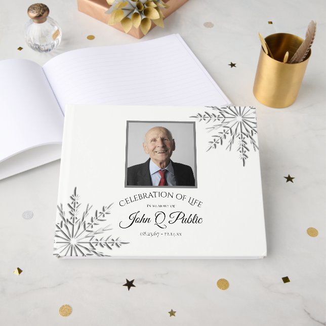 Winter Snowflakes Celebration of Life Memorial Guest Book (Front Open)
