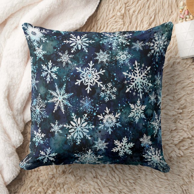 Winter Snowflakes Deep Blue Magical Night Throw Pillow (Blanket)