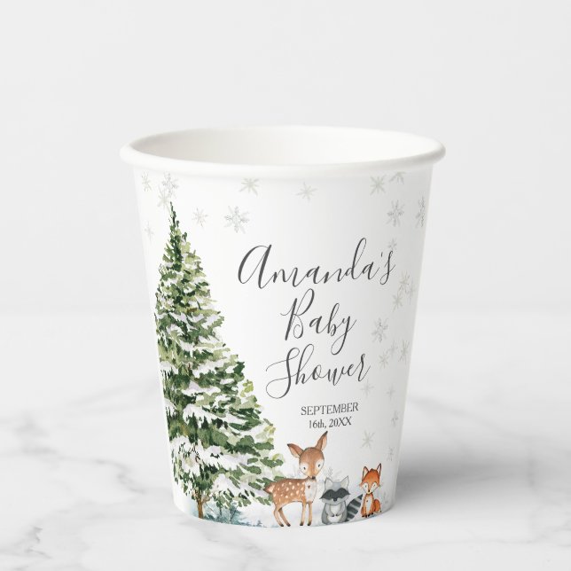 Winter Snowflakes Deer animal Mountain Forest Paper Cups (Front)