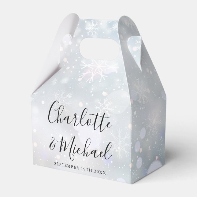 Winter Snowflakes Elegant Signature Script Wedding Favor Box (Front Side)