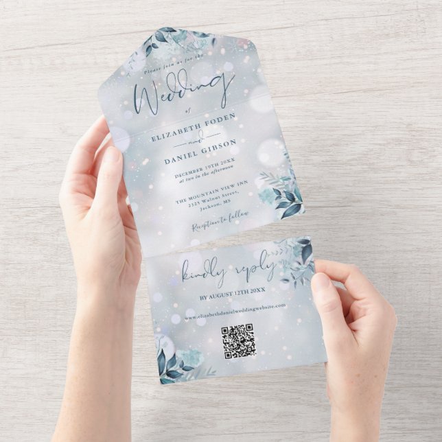 Winter Snowflakes Floral QR Code Wedding All In One Invitation (Tearaway)