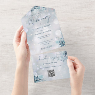 Winter Snowflakes Floral QR Code Wedding All In One Invitation