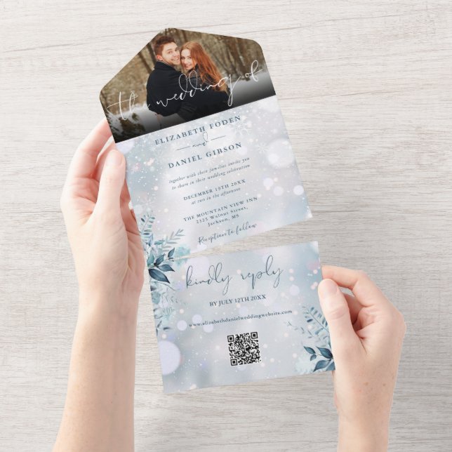 Winter Snowflakes Floral QR Code Wedding Photo All In One Invitation (Tearaway)