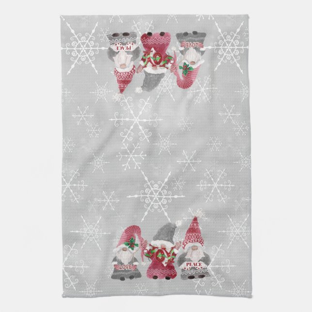 Winter Snowflakes Gnomes Love Joy Peace Watercolor Kitchen Towel (Vertical)