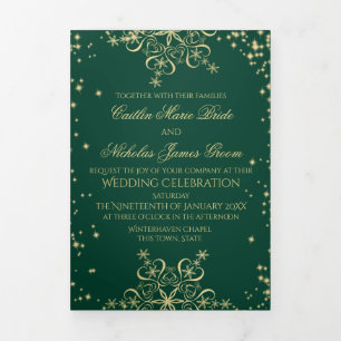 Winter Snowflakes Green and Gold Sparkle  Tri-Fold Card