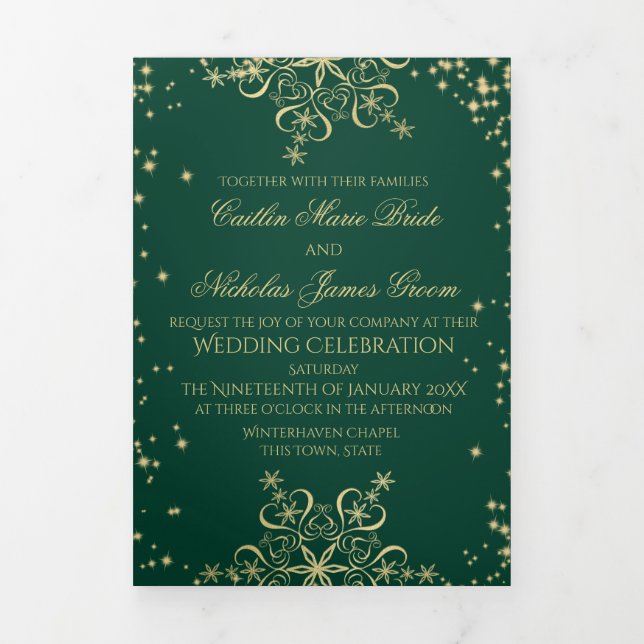 Winter Snowflakes Green and Gold Sparkle  Tri-Fold Card (Cover)