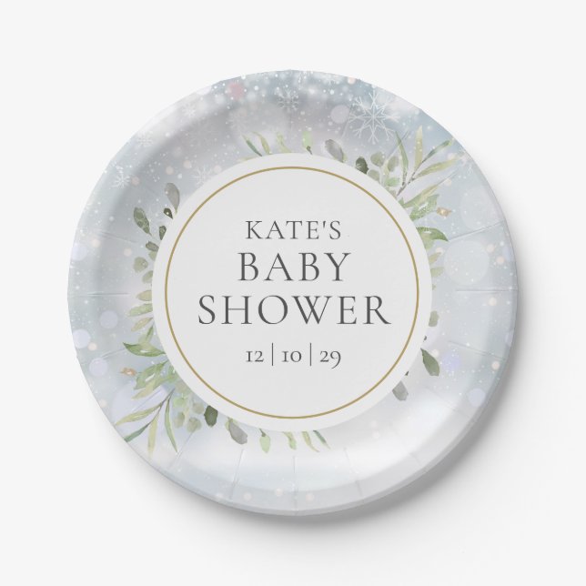 Winter Snowflakes Greenery Baby Shower Paper Plate (Front)