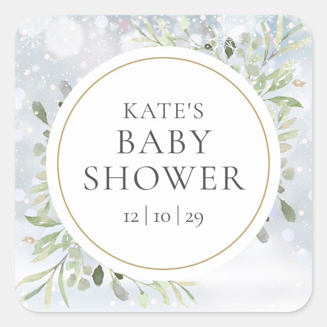 Winter Snowflakes Greenery Baby Shower Square Sticker (Front)
