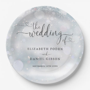 Winter Snowflakes Heart Script Wedding Paper Plate