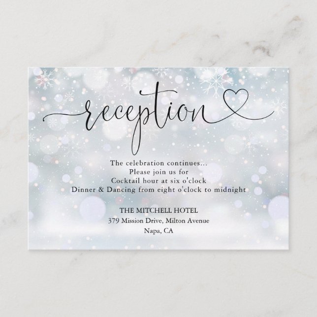 Winter Snowflakes Heart Script Wedding Reception Enclosure Card (Front)