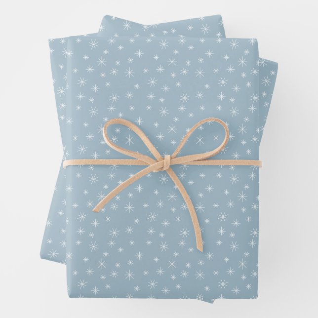 Winter Snowflakes Ice Blue Retro Inspired Wrapping Paper Sheet (In situ)