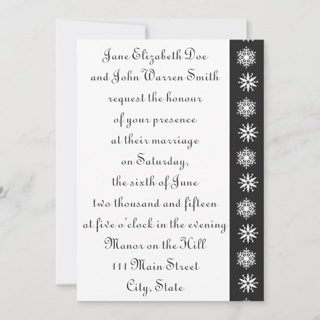 Winter Snowflakes in Black Wedding Invitation (Front)