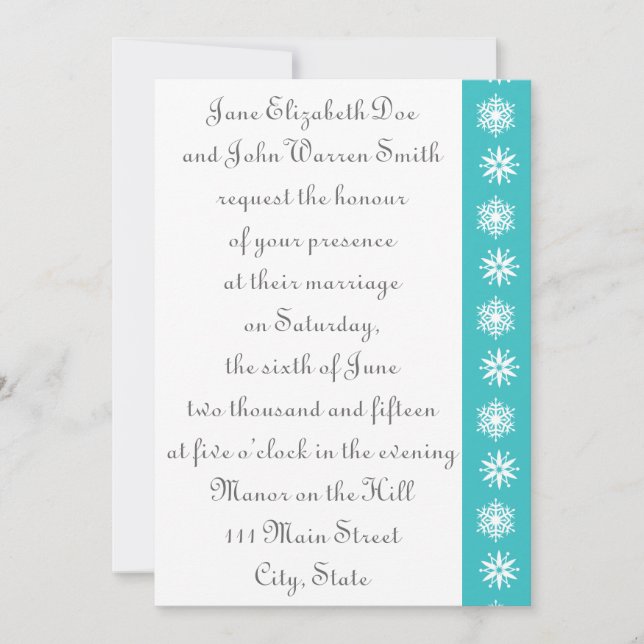 Winter Snowflakes in Turquoise Wedding Invitation (Front)