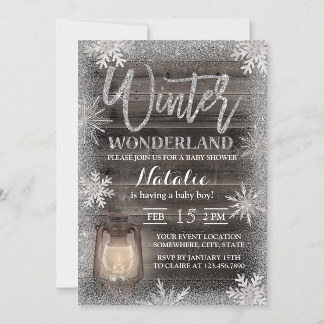 Winter Snowflakes & Lantern Barn Wood Baby Shower Invitation (Front)