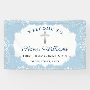 Winter Snowflakes Light Blue First Holy Communion Banner