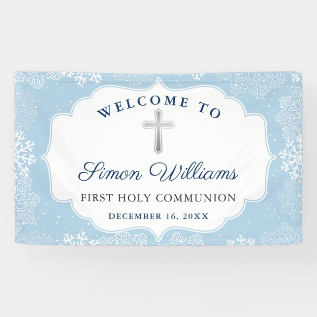 Winter Snowflakes Light Blue First Holy Communion Banner (Horizontal)