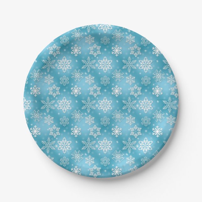 Winter Snowflakes on aqua Paper Plate (Front)