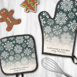 Winter Snowflakes on Dark Green Ombre Christmas Oven Mitt & Pot Holder Set<br><div class="desc">Add a touch of winter elegance to your kitchen with this beautiful oven mitt and pot holder set featuring a delicate pattern of white snowflakes on a dark green ombre background. Perfect for bringing festive charm to your culinary space, this set is both stylish and functional. Customize it with your...</div>