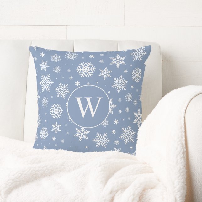 Winter Snowflakes on Light Blue Monogram  Throw Pillow (Creator Uploaded)