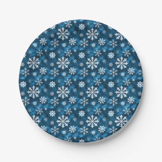 Winter Snowflakes Pattern On Cool Blue Background Paper Plate (Front)