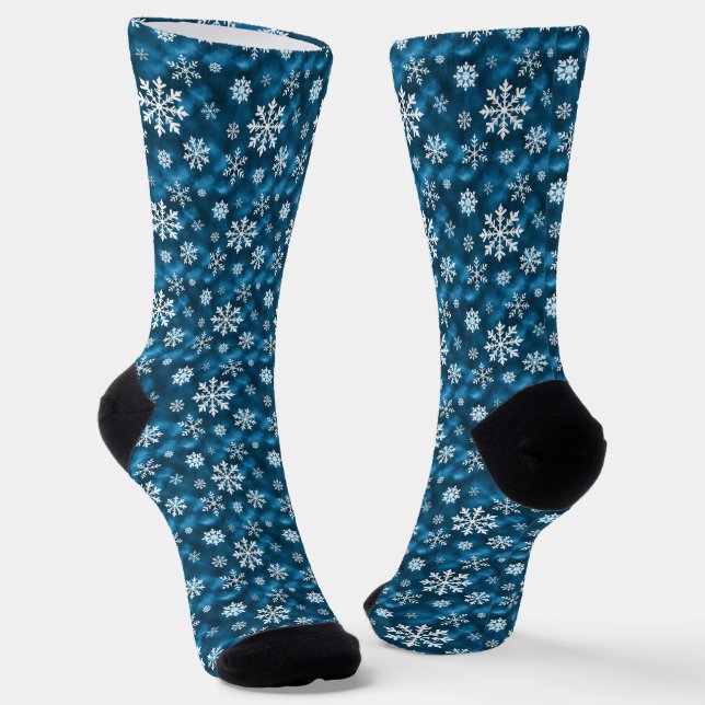 Winter Snowflakes Pattern On Cool Blue Socks (Angled)