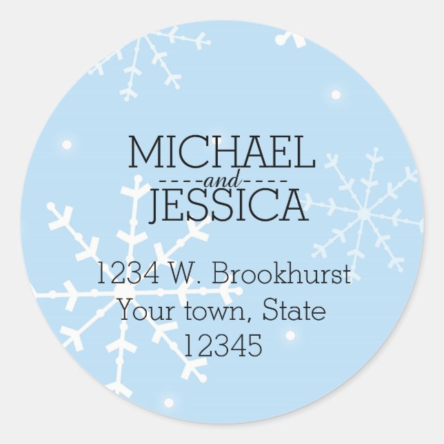 Winter Snowflakes Personalized name and address Classic Round Sticker (Front)