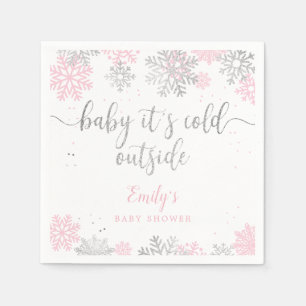 Winter Snowflakes Pink And Silver Girl Baby Shower Napkin