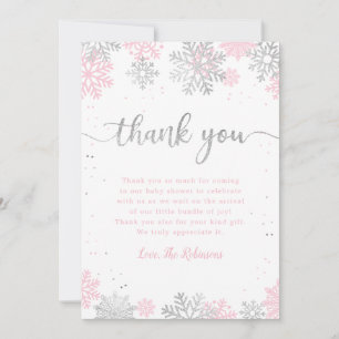 Winter Snowflakes Pink And Silver Girl Baby Shower Thank You Card