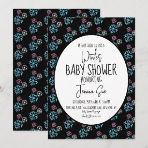 Winter Snowflakes Pink Blue Baby Shower Black Invitation
