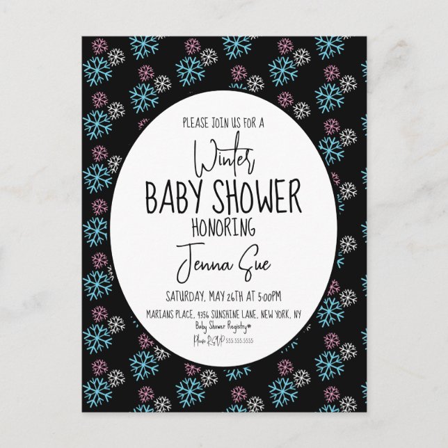 Winter Snowflakes Pink Blue Baby Shower Black  Postcard (Front)