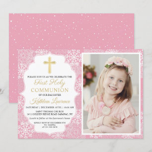 Winter Snowflakes Pink Girl First Communion Photo Invitation