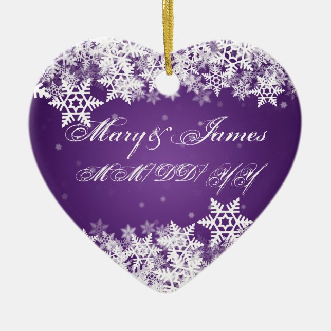 Winter Snowflakes Purple Elegant Wedding Favour Ceramic Ornament (Front)