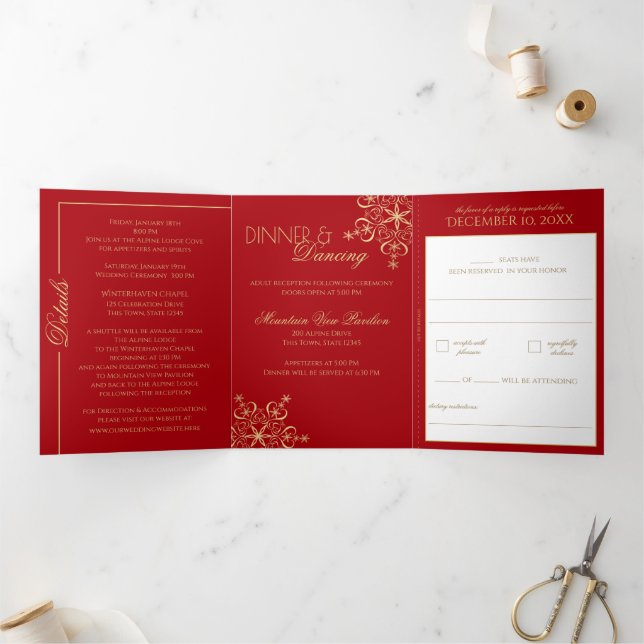 Winter Snowflakes Red and Gold Sparkle Tri-Fo Tri- Tri-Fold Card (Inside)