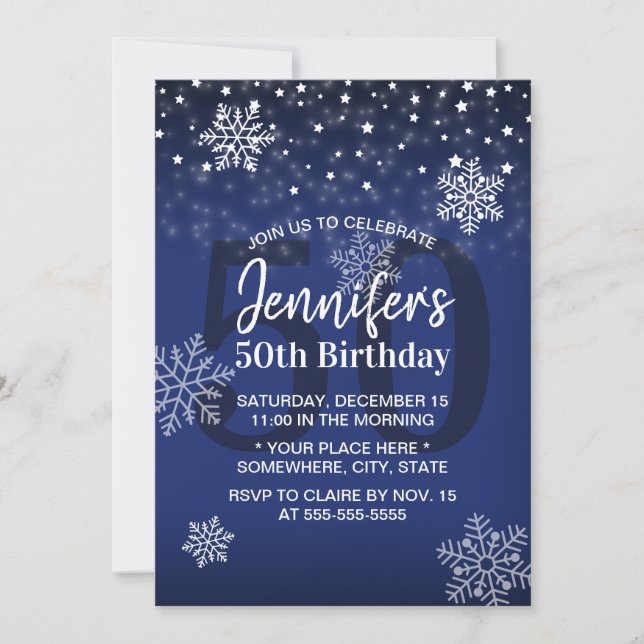 Winter Snowflakes Royal Blue 50th Birthday Invitation (Front)