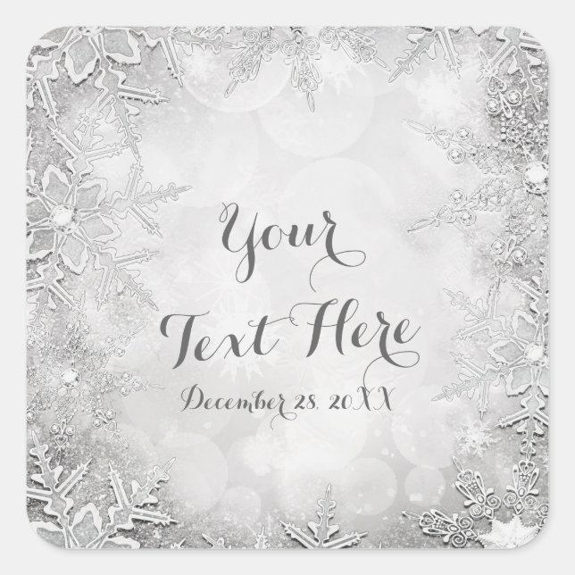 Winter Snowflakes Silver & White Party Favour Square Sticker (Front)