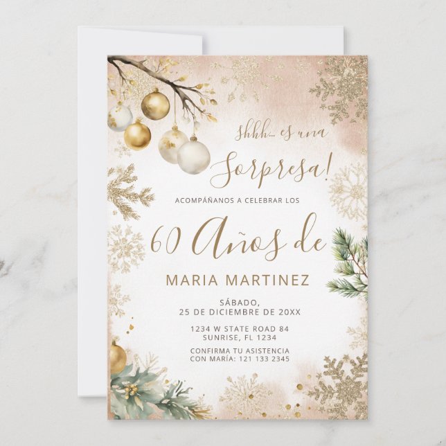 Winter Snowflakes Spanish Sorpresa 60th Birthday Invitation (Front)