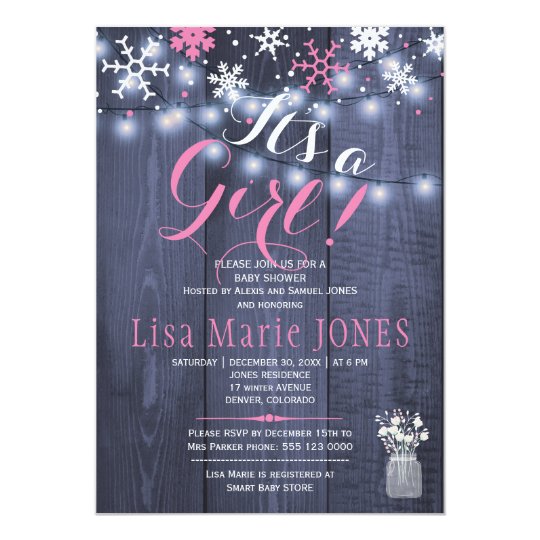 Winter snowflakes string lights girl baby shower card