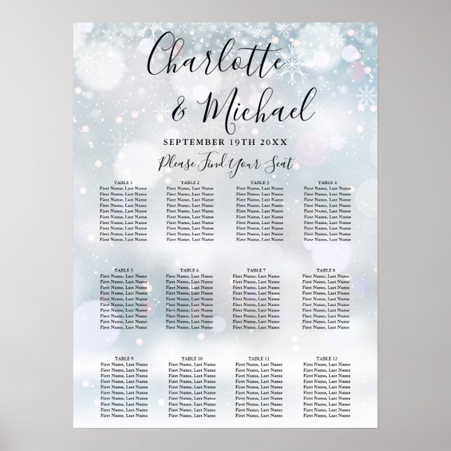 Winter Snowflakes Wedding Seating Chart (Front)