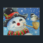 Winter Snowman and Chickadee Bird Watercolor Art Postcard<br><div class="desc">"Fast Friends" Watercolor Art Postcard by Artist Jean Weiner "Fast Friends" features a Black Capped Chickadee bird perched on a snowman's corn cob pipe. The bird and snowman appear to be exchanging a friendly greeting with one another. The snowman is wearing a black top hat and warm red and green...</div>