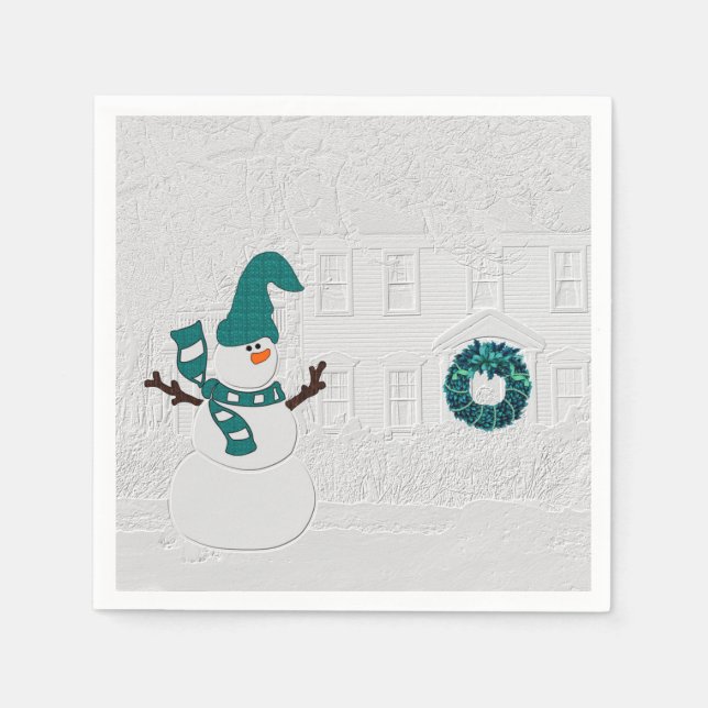 Winter Snowman and House Wreath in Teal Holiday Napkin (Front)