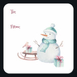 Winter Snowman Christmas To From Customizable  Square Sticker<br><div class="desc">The words "To" and "From" and a winter snowman next to sled with Christmas gifts and a cute bird highlight these holiday gift stickers.</div>
