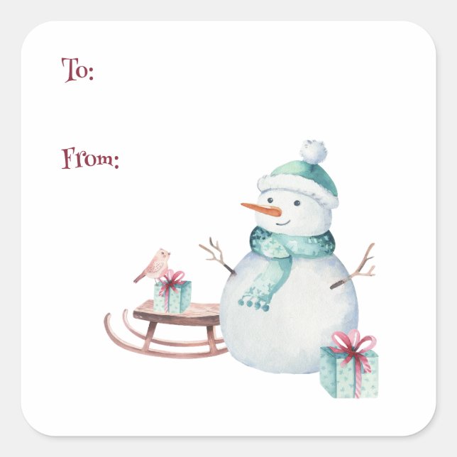Winter Snowman Christmas To From Customizable  Square Sticker (Front)